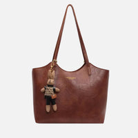 Large Leather Tote Bag with Teddy Bear Bag Charm