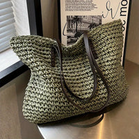 Large Woven Straw Tote Bag with Leather Handles