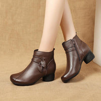 Leather Ankle Boots with Leaf Detail and Block Heel
