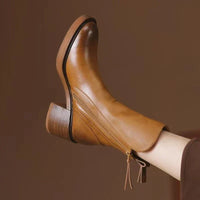 Leather Heeled Ankle Boots with Block Heel and Tassel Zip