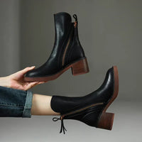Leather Heeled Ankle Boots with Front Zip and Block Heel
