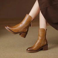 Leather Heeled Ankle Boots with Side Zip and Block Heel