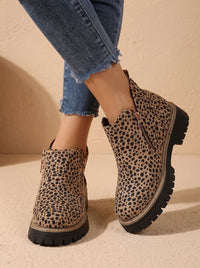 Leopard Print Flat Ankle Boots with Chunky Sole and Side Zip