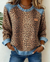 Leopard Print Sweatshirt with Denim Contrast Panels