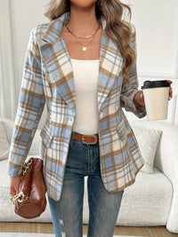 Light Blue Check Blazer with Fitted Waist and Flap Pockets