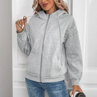 Light Grey Zip Up Hoodie with Studded Shoulder Detail