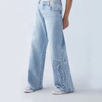 Light Wash Baggy Jeans with Bow Embroidery Detail and Wide Leg