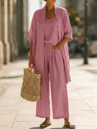 Linen 3-Piece Set with Open Cardigan, Cami Top and Wide Leg Trousers