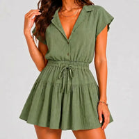 Linen Mini Dress with Collar, Button Front and Drawstring Waist