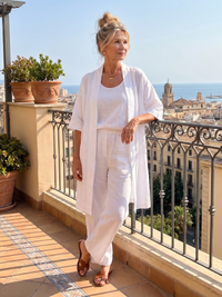 Linen Three Piece Set with Longline Cardigan, Tank Top and Wide Leg Trousers