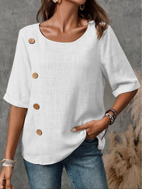 Linen Top with Diagonal Wooden Buttons and Scoop Neck