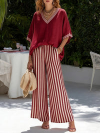 Linen Two Piece Set with V-Neck Top and Striped Wide Leg Trousers