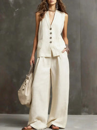 Linen Two Piece Set with Waistcoat Vest and Wide Leg Trousers
