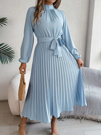 Long Sleeve Pleated Midi Dress with High Neck and Tie Waist