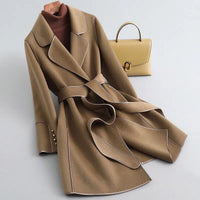 Refined Wool Coat with Contrast Trim and Self-Tie Belt