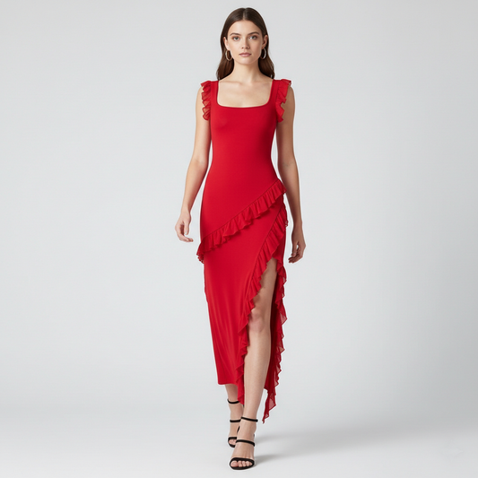 Red Midi Dress with Ruffle Details and Square Neck