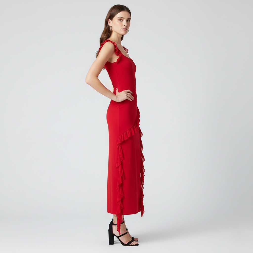Red Midi Dress with Ruffle Details and Square Neck