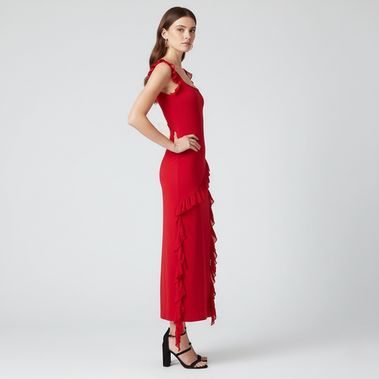 Red Midi Dress with Ruffle Details and Square Neck