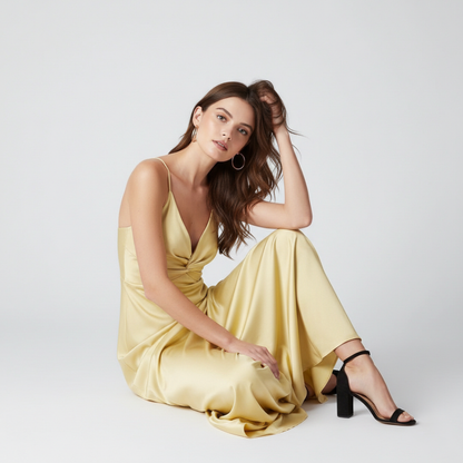 Soft Yellow Maxi Dress with Twist Front Detail