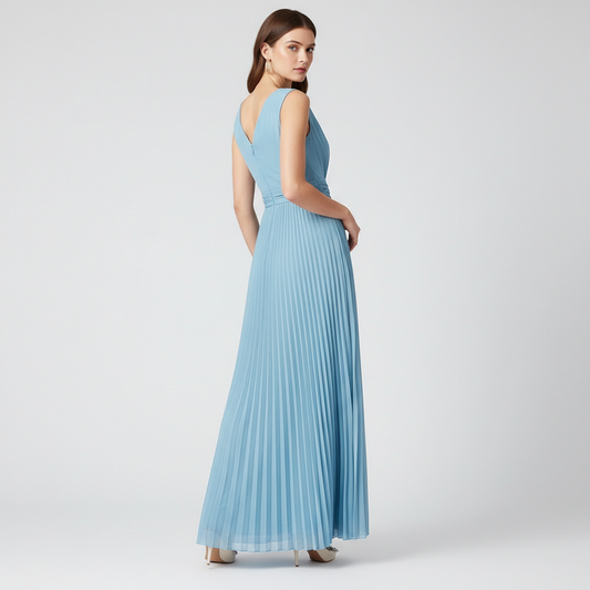 Light Blue Maxi Dress with V-Neck and Waist Tie