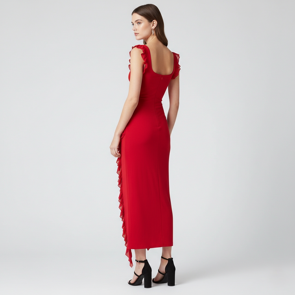 Red Midi Dress with Ruffle Details and Square Neck