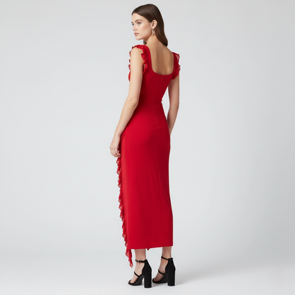 Red Midi Dress with Ruffle Details and Square Neck