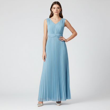 Light Blue Maxi Dress with V-Neck and Waist Tie