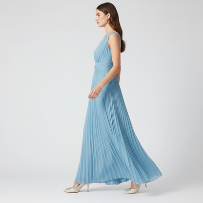 Light Blue Maxi Dress with V-Neck and Waist Tie