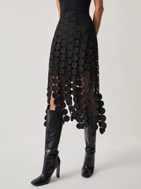 Midi Skirt with Fabric Disc Appliqué and Fringe Hem