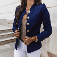 Military-Style Blazer with Gold Button Detail and Stand Collar