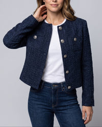 Navy Blue Cropped Tweed Jacket with Silver Buttons