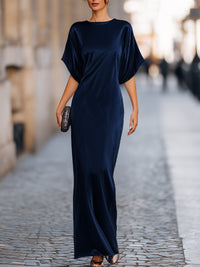 Navy Blue Satin Maxi Dress with Wide Sleeves and Column Skirt