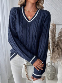 Navy Cable Knit Sweater with V-Neckline and Contrast Stripe Trim
