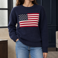 Navy Chunky Crew Neck Sweater with American Flag Motif