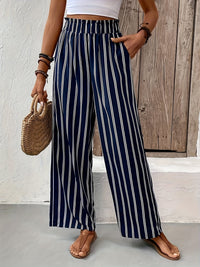 Navy Striped Palazzo Trousers with Wide Elasticated Waist and Flowing Leg