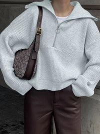 Oversized Half Zip Knit Sweater with Wide Collar