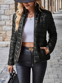 Cropped Lightweight Puffer Jacket with Fleece Lining and Stand Collar