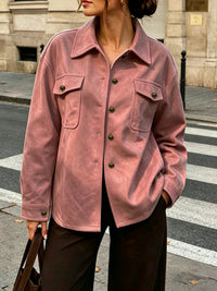 Relaxed Suede Shacket with Chest Pockets and Bronze Buttons
