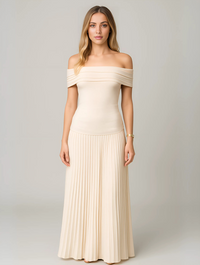 Off Shoulder Pleated Maxi Dress with Bardot Neckline