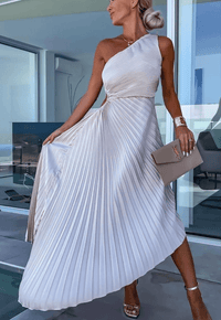 One Shoulder Pleated Midi Dress with Ring Waist Detail