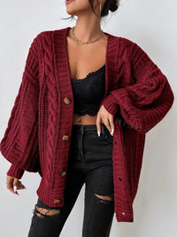 Oversized Chunky Cable Knit Cardigan with Balloon Sleeves