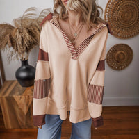 Oversized Colour Block Sweatshirt with Striped V-Neckline