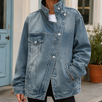 Oversized Denim Jacket with Funnel Collar and Offset Button Front