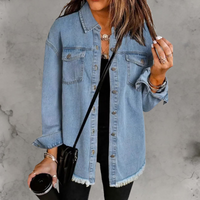 Oversized Denim Shacket with Frayed Hem and Chest Pockets