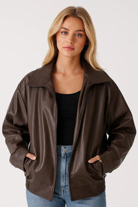 Oversized Leather Bomber Jacket with Zip Closure
