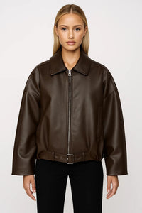 Oversized Leather Jacket with Belt and Zip Front