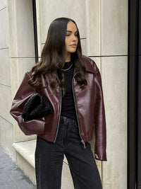 Oversized Bordeaux Leather Jacket with Wide Collar and Elasticated Hem
