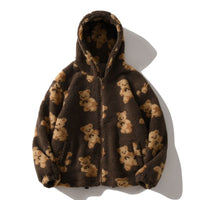 Oversized Fluffy Sherpa Jacket with Hood and Teddy Bear Print