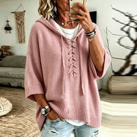 Oversized Hooded Knit Sweater with Lace-Up Front