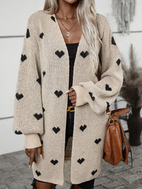 Oversized Khaki Heart Print Knit Cardigan with Open Front